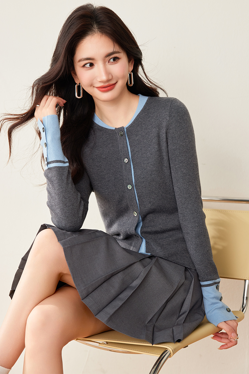 Wool elegant splice gray simple sweater for women