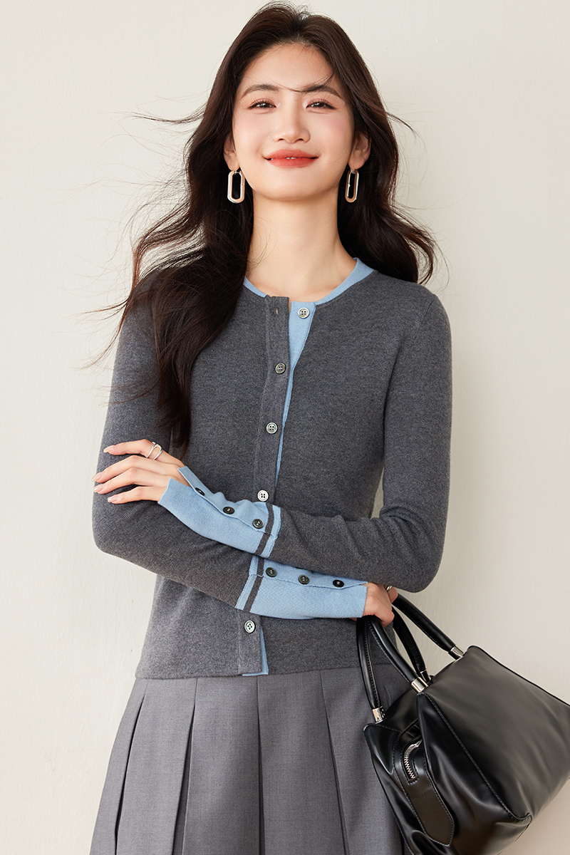 Wool elegant splice gray simple sweater for women