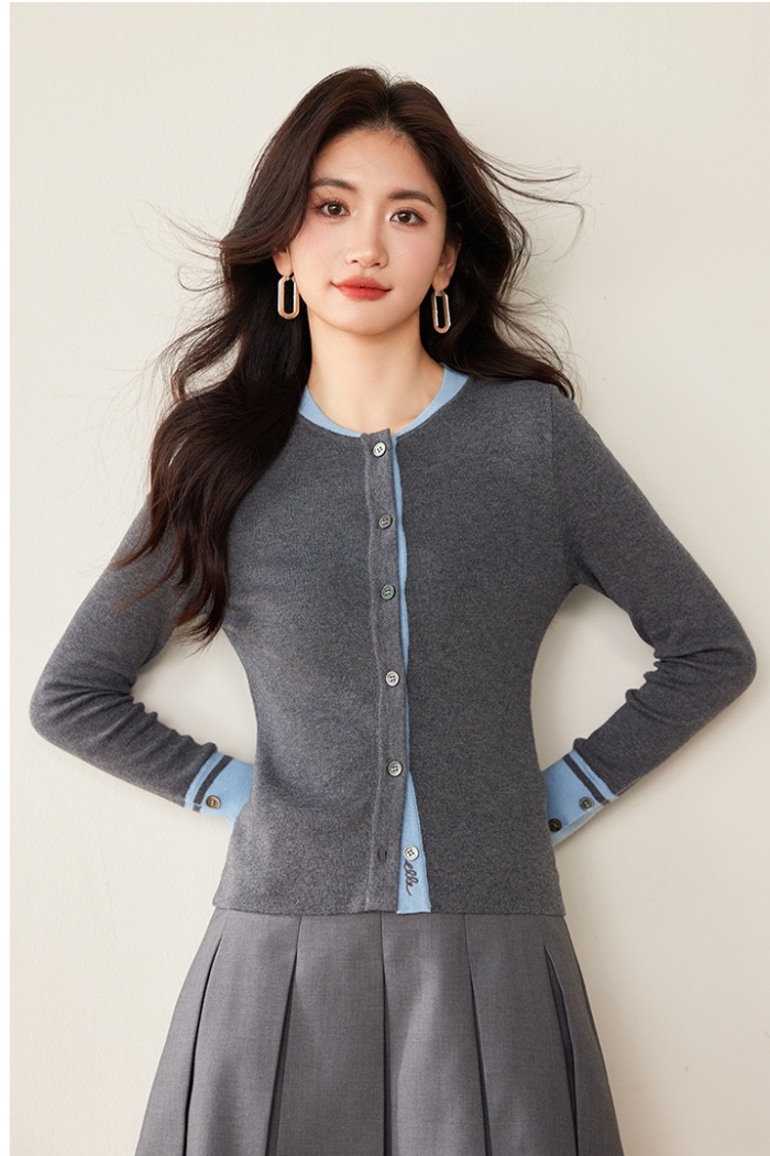 Wool elegant splice gray simple sweater for women