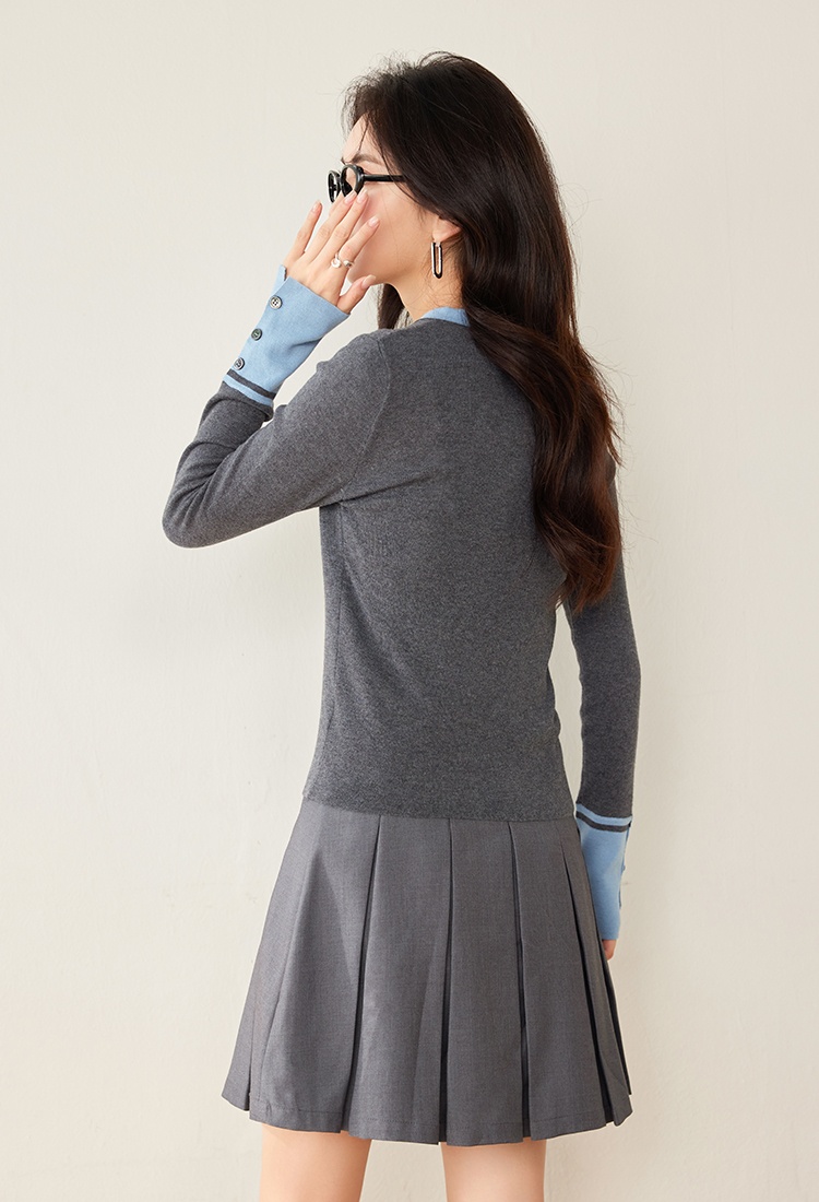 Wool elegant splice gray simple sweater for women