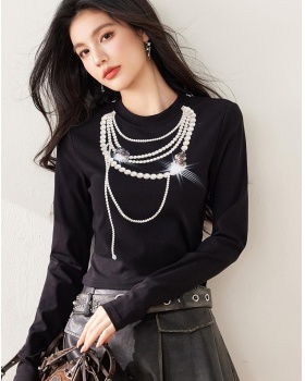 Long sleeve fashion necklace round neck all-match tops