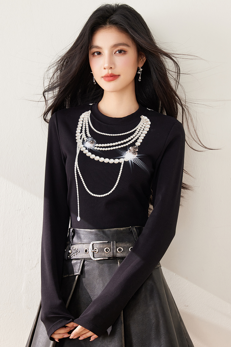 Long sleeve fashion necklace round neck all-match tops