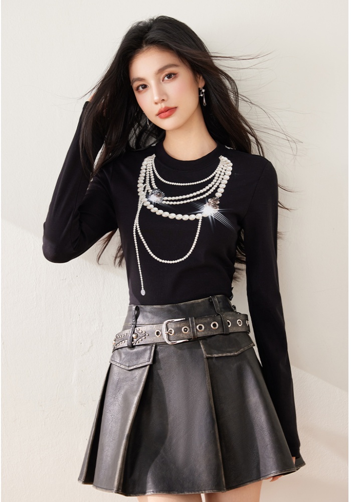 Long sleeve fashion necklace round neck all-match tops