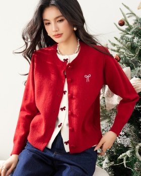 Bow thick Pseudo-two sweater red wool tops