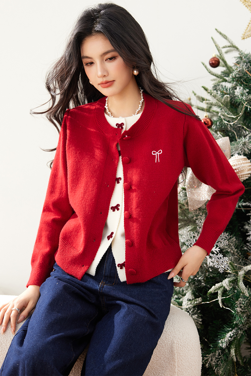 Bow thick Pseudo-two sweater red wool tops