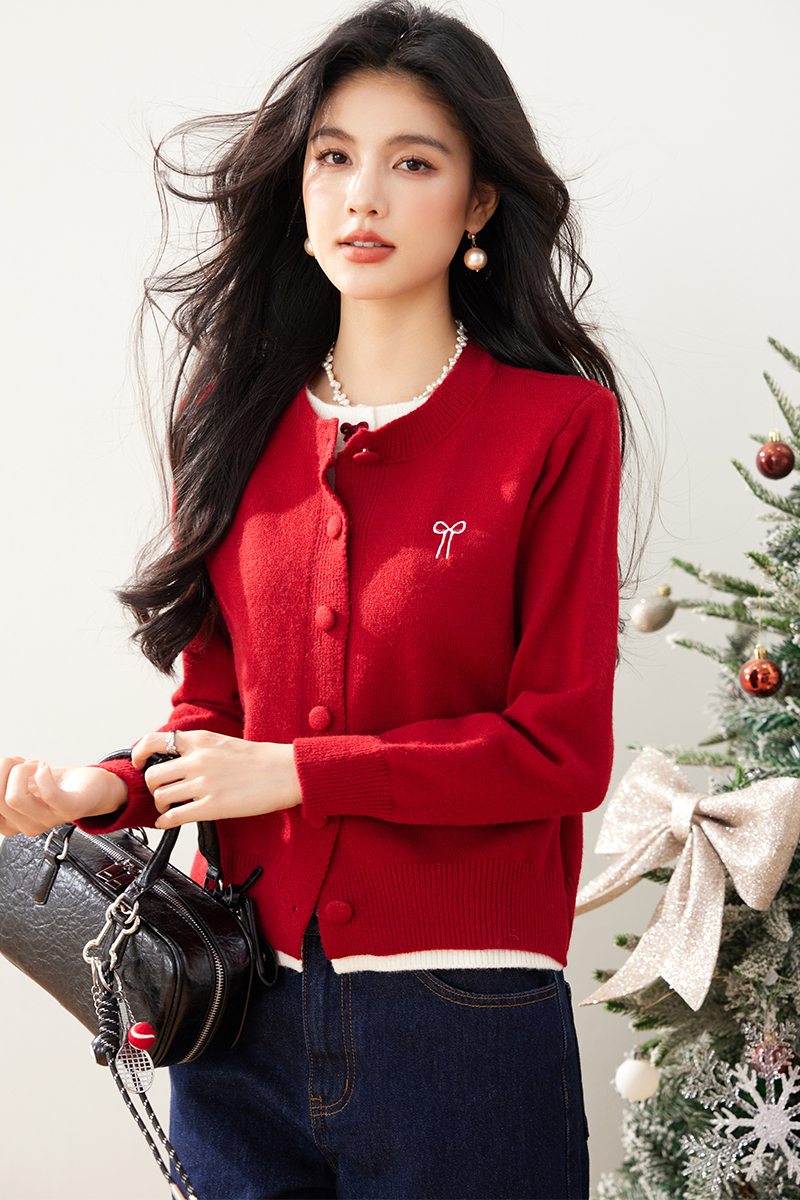 Bow thick Pseudo-two sweater red wool tops