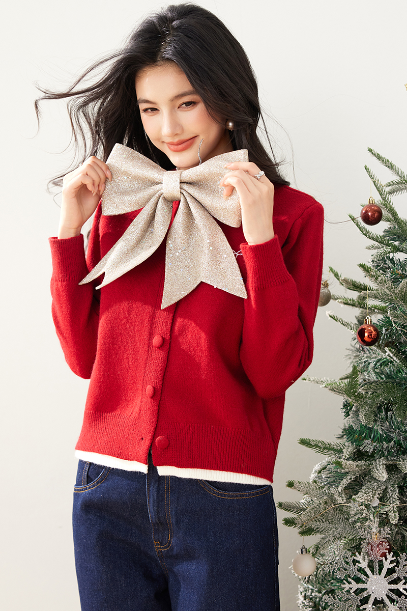 Bow thick Pseudo-two sweater red wool tops