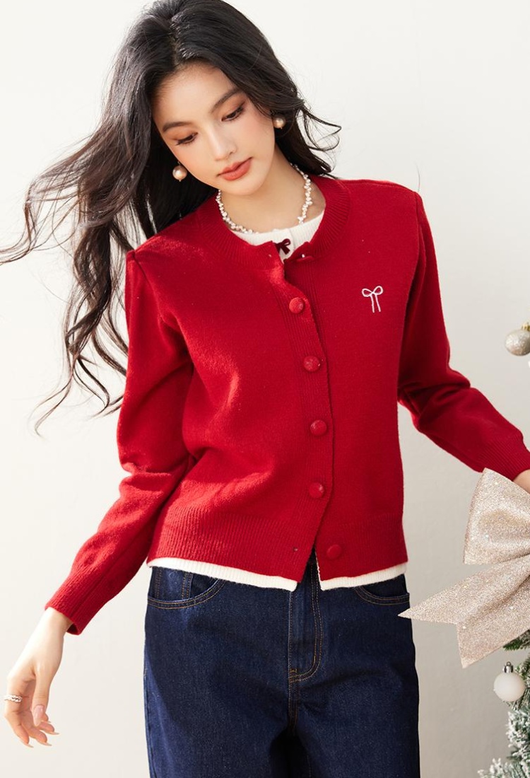 Bow thick Pseudo-two sweater red wool tops