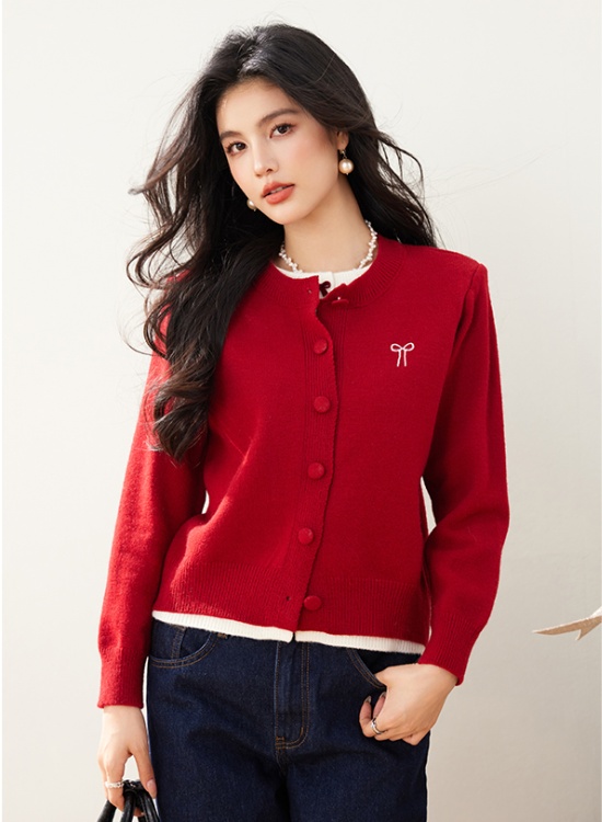 Bow thick Pseudo-two sweater red wool tops