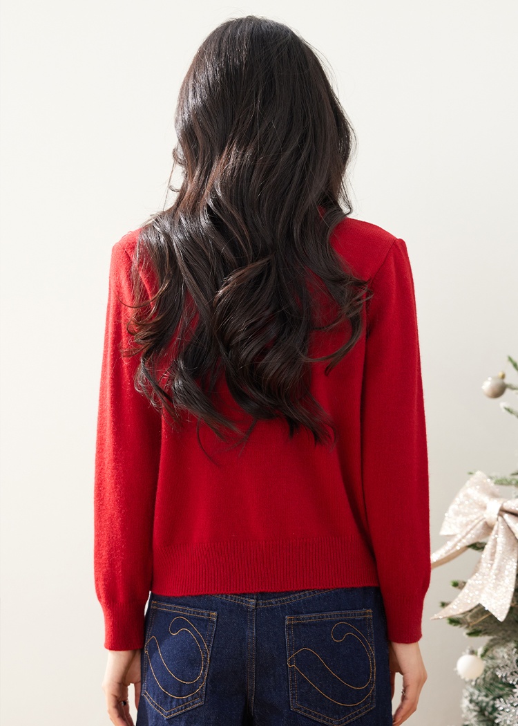 Bow thick Pseudo-two sweater red wool tops