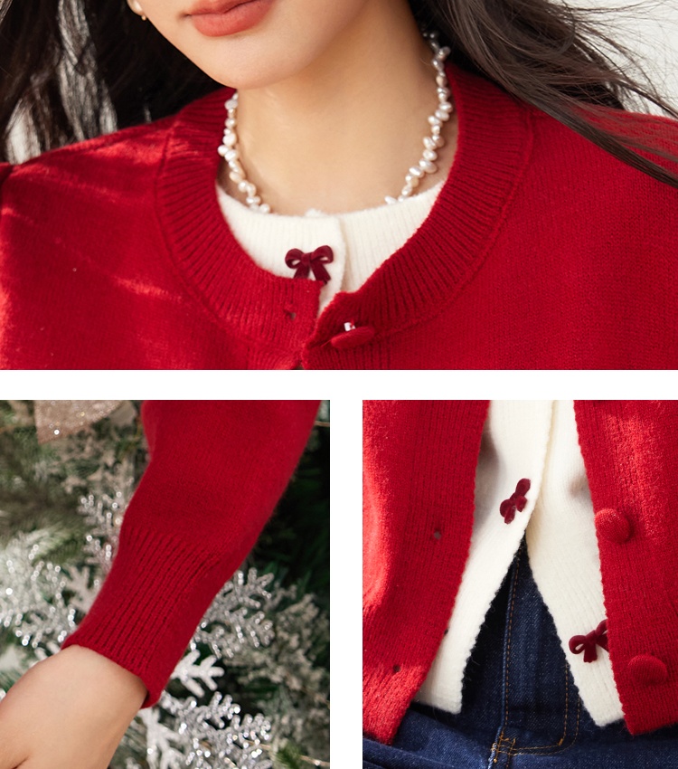 Bow thick Pseudo-two sweater red wool tops