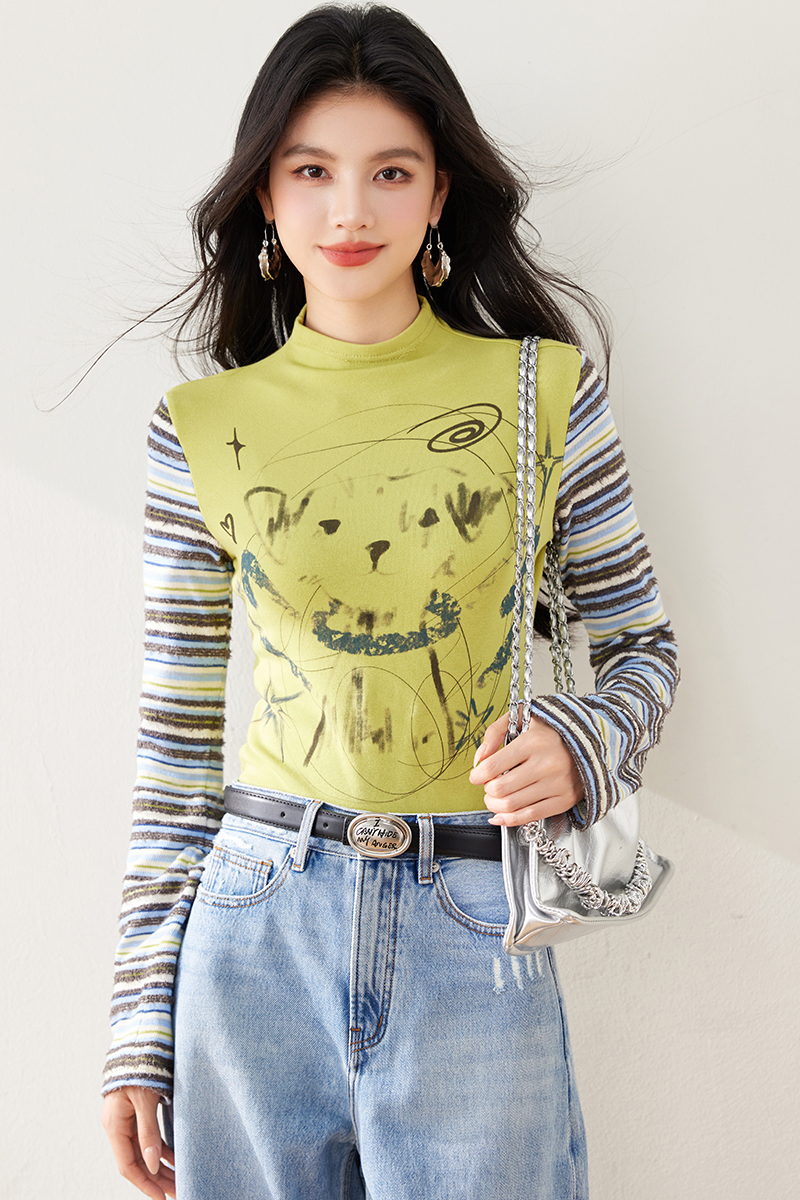 Stripe spring and autumn T-shirt splice tops for women