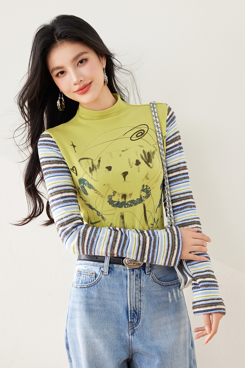 Stripe spring and autumn T-shirt splice tops for women