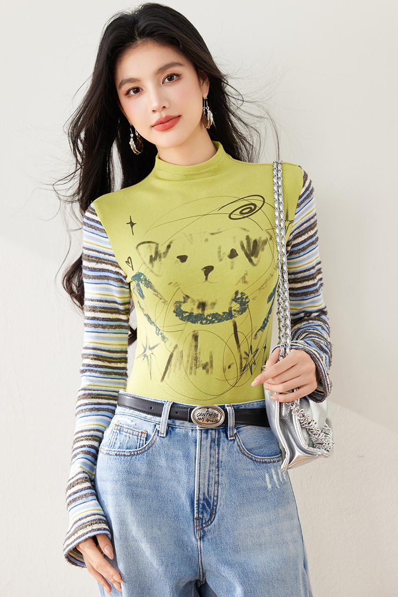 Stripe spring and autumn T-shirt splice tops for women