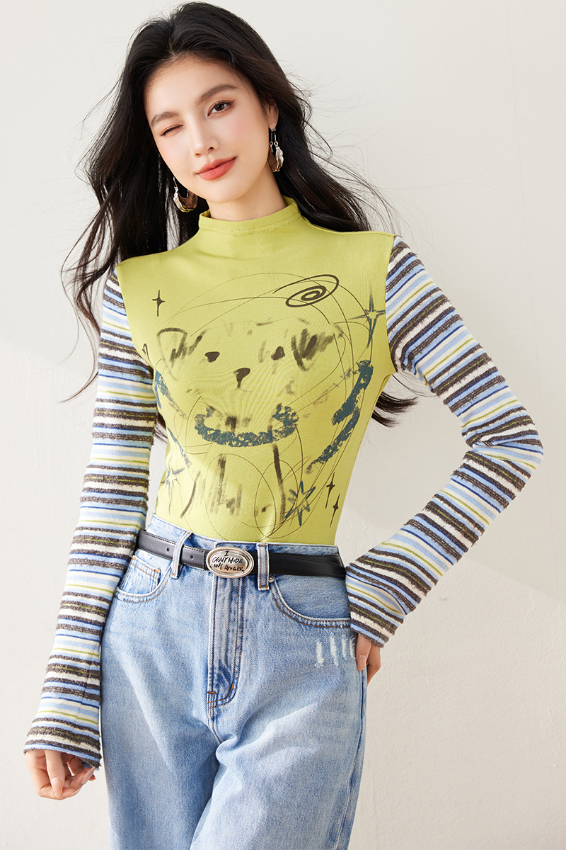 Stripe spring and autumn T-shirt splice tops for women