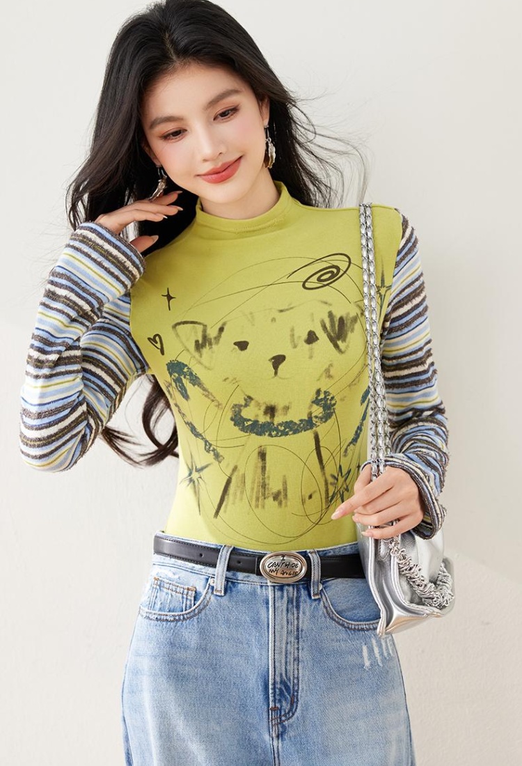 Stripe spring and autumn T-shirt splice tops for women