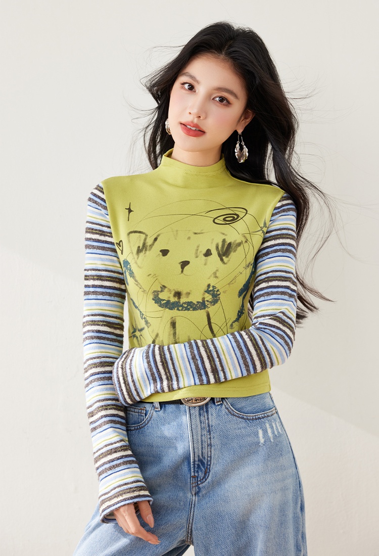 Stripe spring and autumn T-shirt splice tops for women