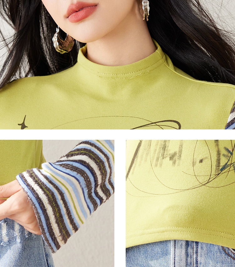 Stripe spring and autumn T-shirt splice tops for women