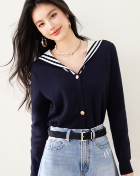 Navy collar letters tops knitted spring cardigan