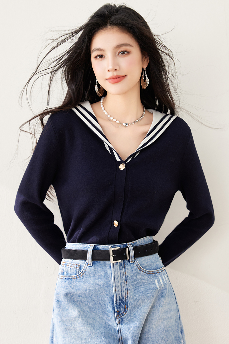 Navy collar letters tops knitted spring cardigan