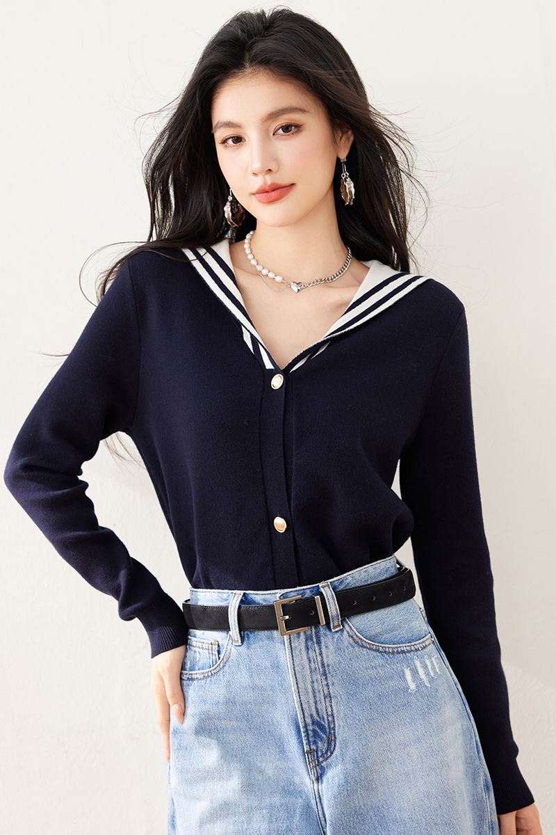 Navy collar letters tops knitted spring cardigan