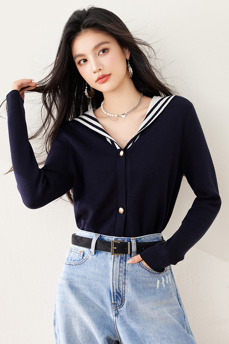 Navy collar letters tops knitted spring cardigan