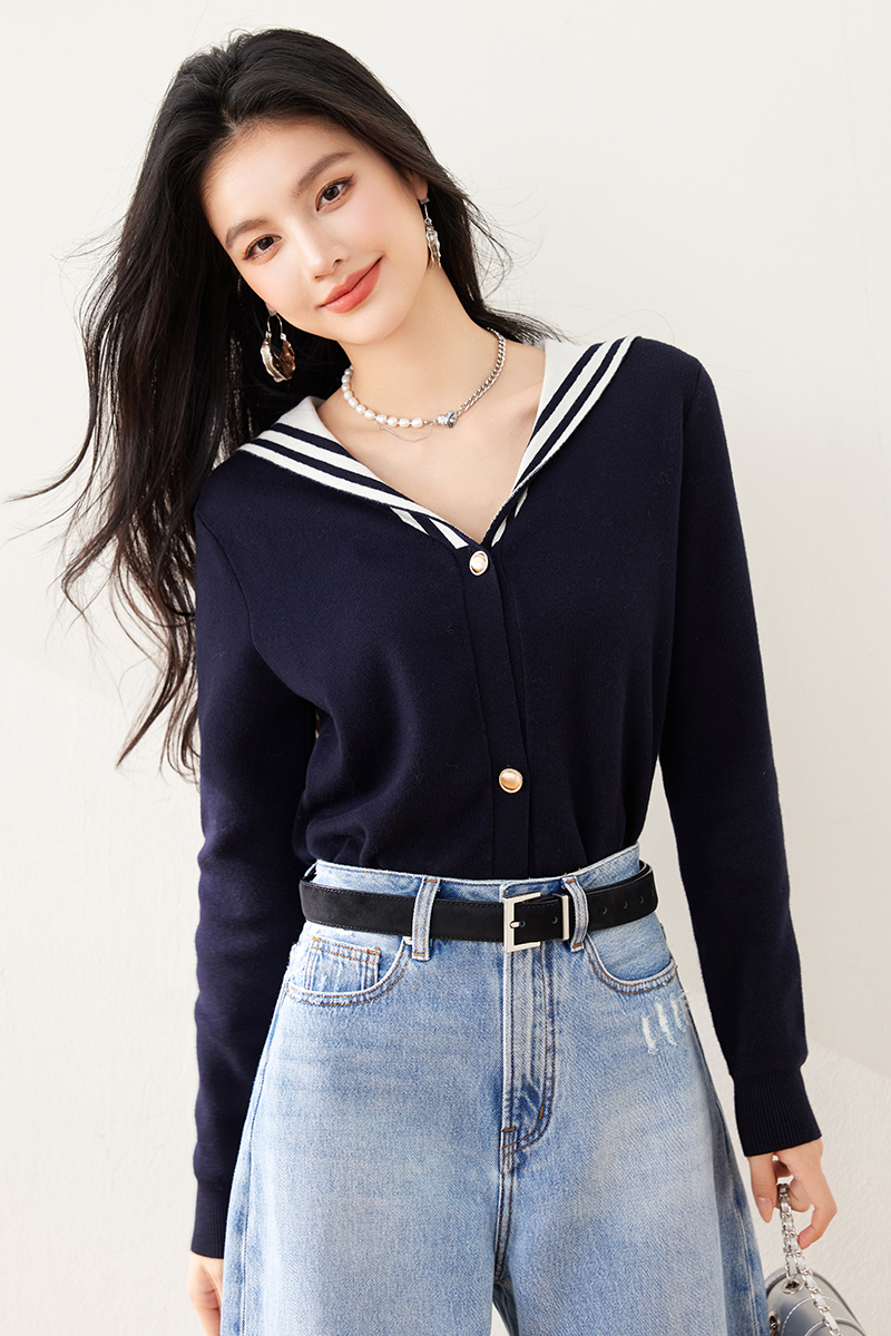 Navy collar letters tops knitted spring cardigan