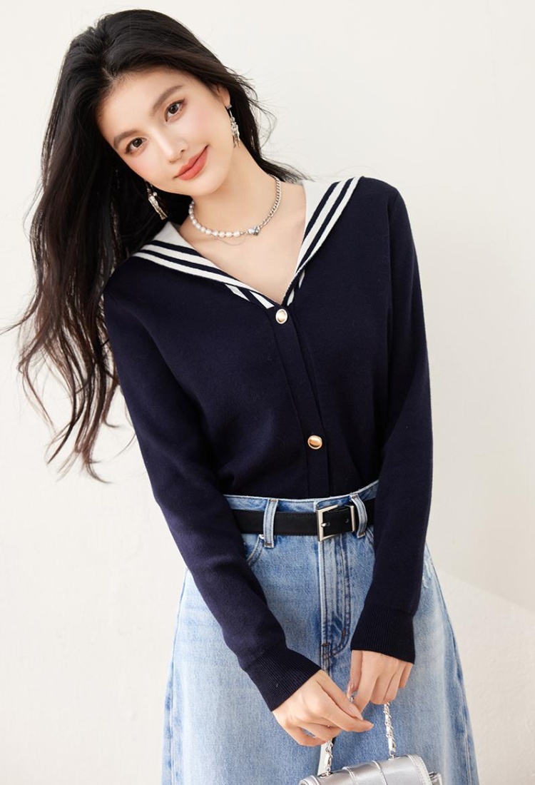 Navy collar letters tops knitted spring cardigan