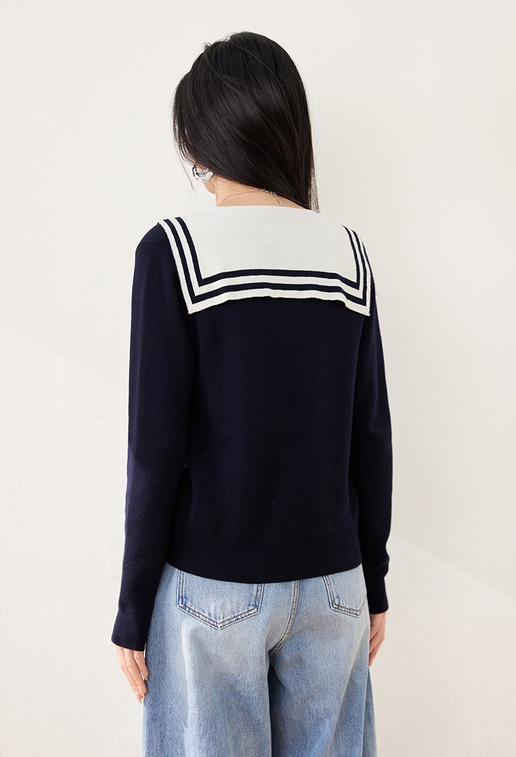 Navy collar letters tops knitted spring cardigan