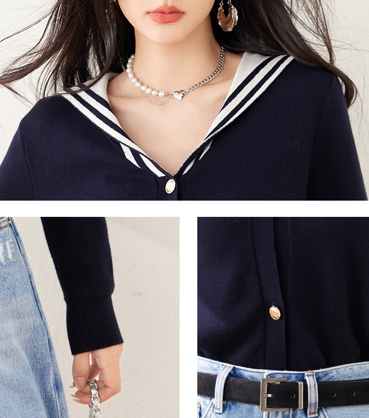 Navy collar letters tops knitted spring cardigan