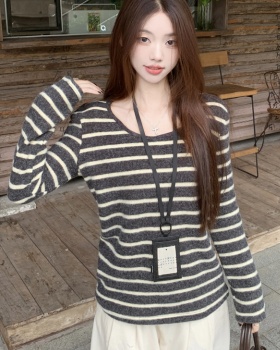 Loose lazy T-shirt stripe thick sweater for women