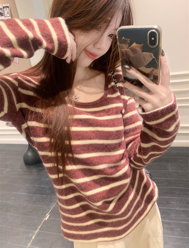 Loose lazy T-shirt stripe thick sweater for women