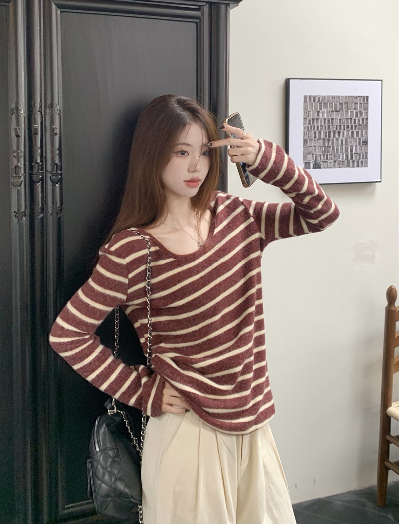 Loose lazy T-shirt stripe thick sweater for women