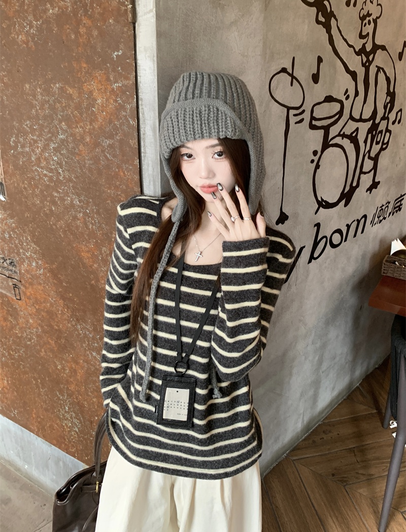 Loose lazy T-shirt stripe thick sweater for women