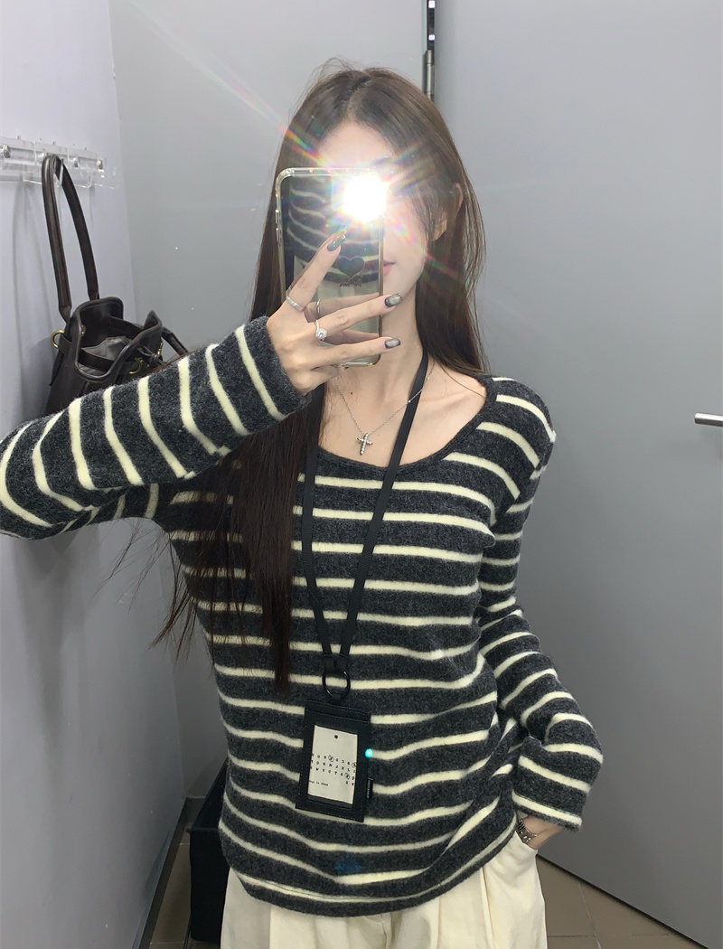 Loose lazy T-shirt stripe thick sweater for women