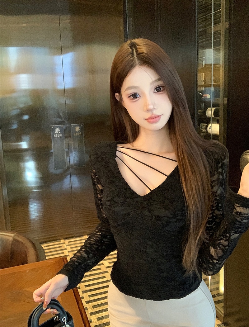 Sloping shoulder retro tops lace shirts for women