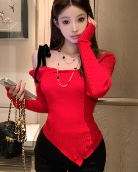 Red sweater flat shoulder tops for women