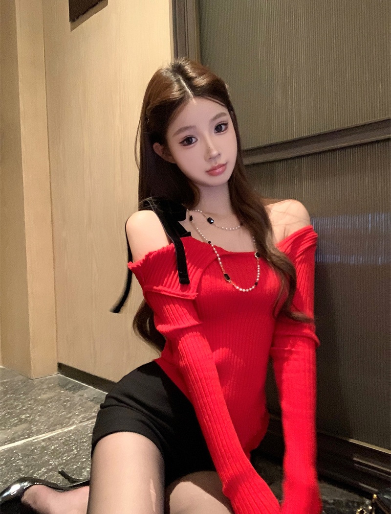 Red sweater flat shoulder tops for women