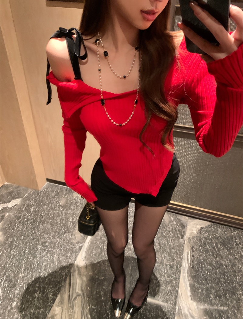 Red sweater flat shoulder tops for women