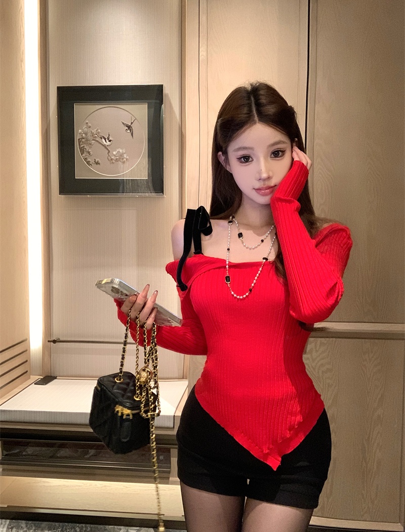 Red sweater flat shoulder tops for women