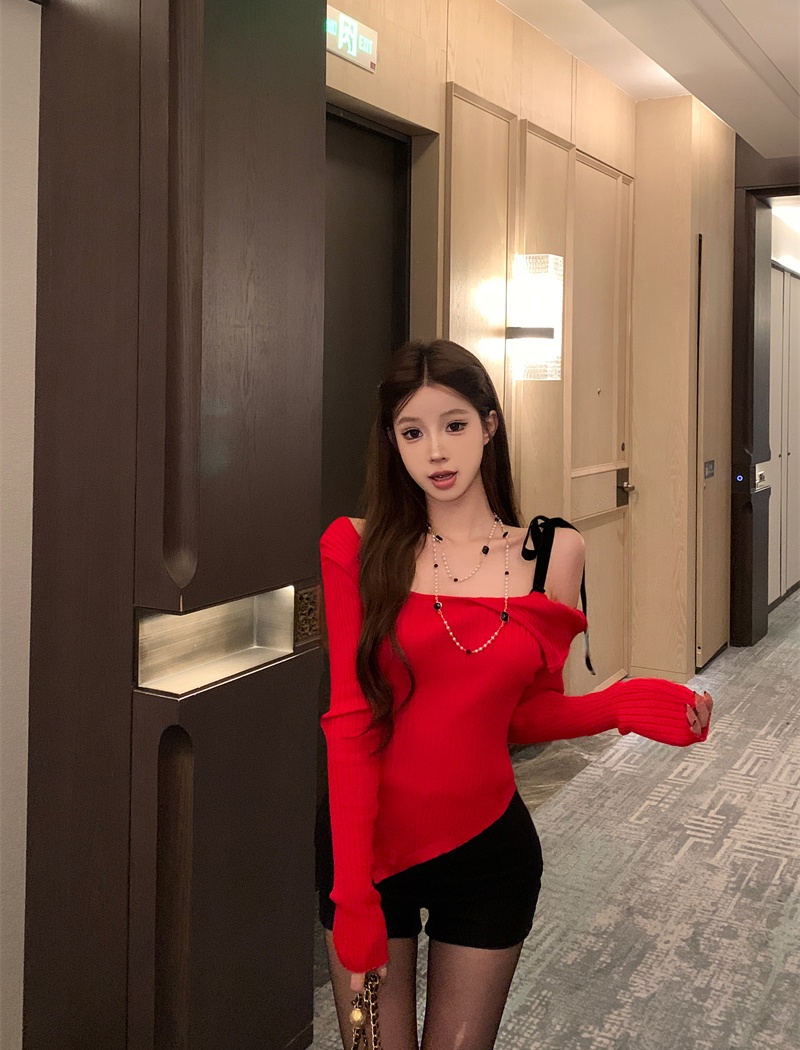 Red sweater flat shoulder tops for women