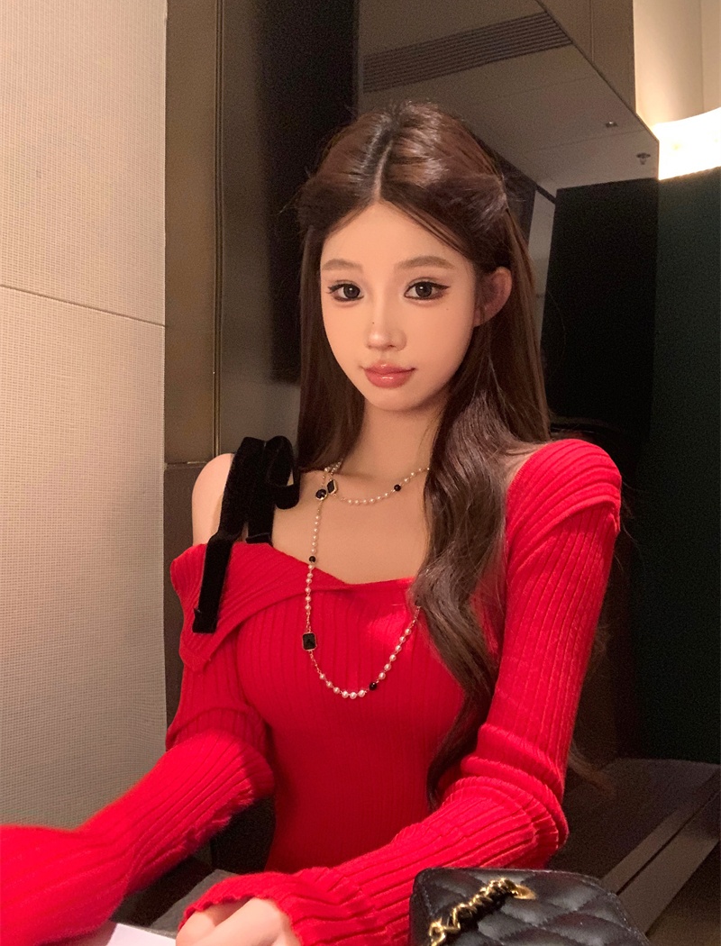 Red sweater flat shoulder tops for women