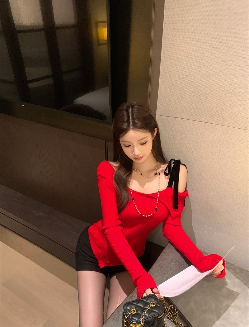 Red sweater flat shoulder tops for women