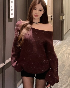 Long sleeve loose sequins tops strapless lazy retro sweater