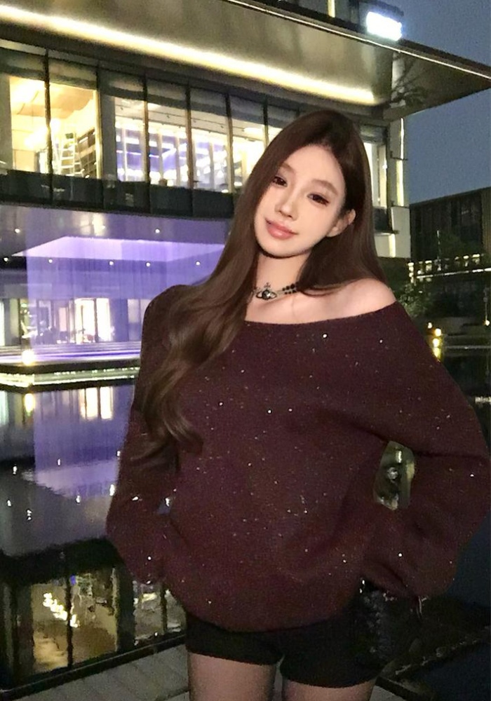 Long sleeve loose sequins tops strapless lazy retro sweater