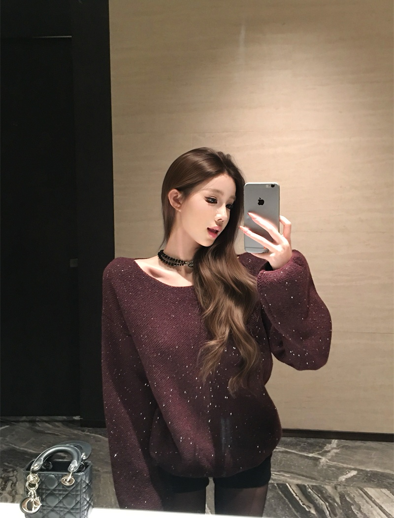 Long sleeve loose sequins tops strapless lazy retro sweater