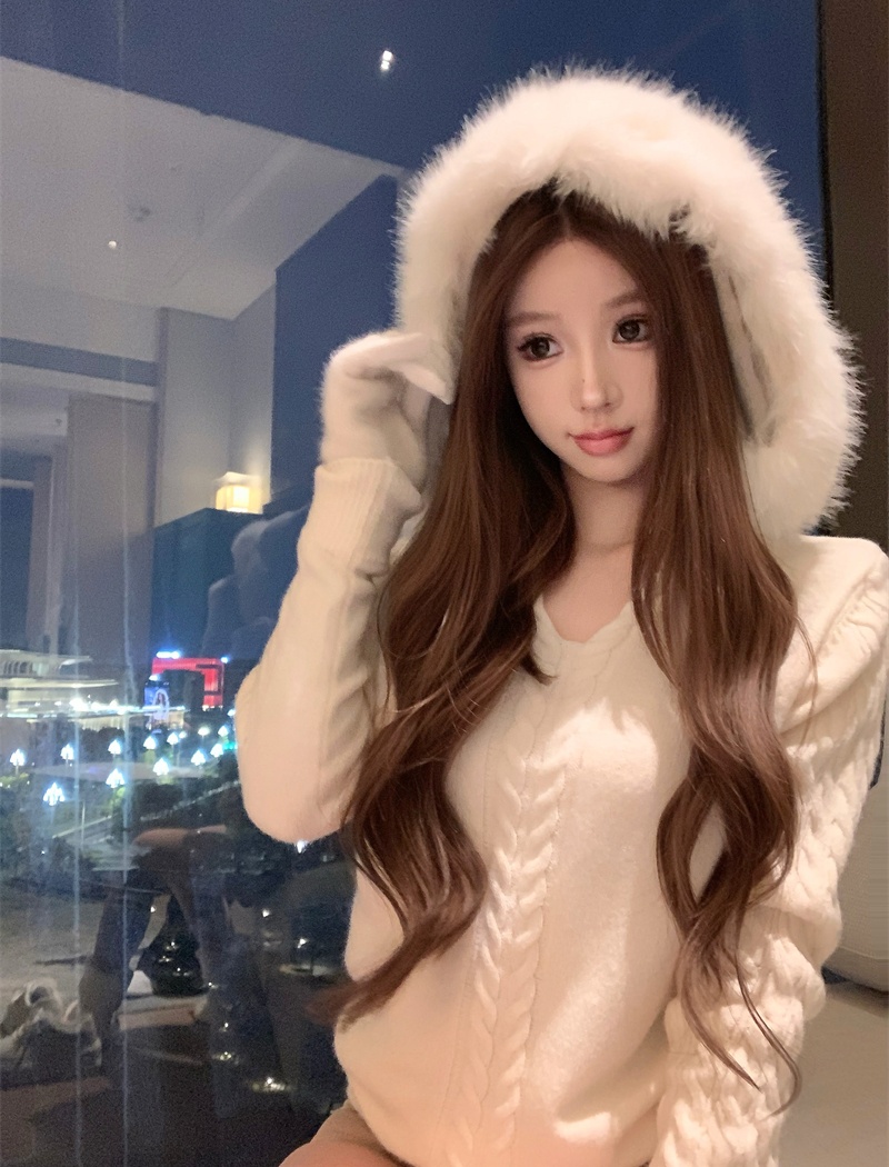 Removable twist tops fox fur hooded sweater for women