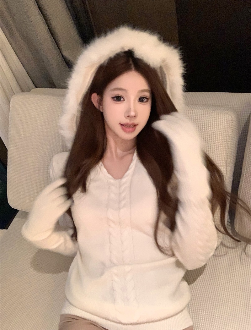 Removable twist tops fox fur hooded sweater for women