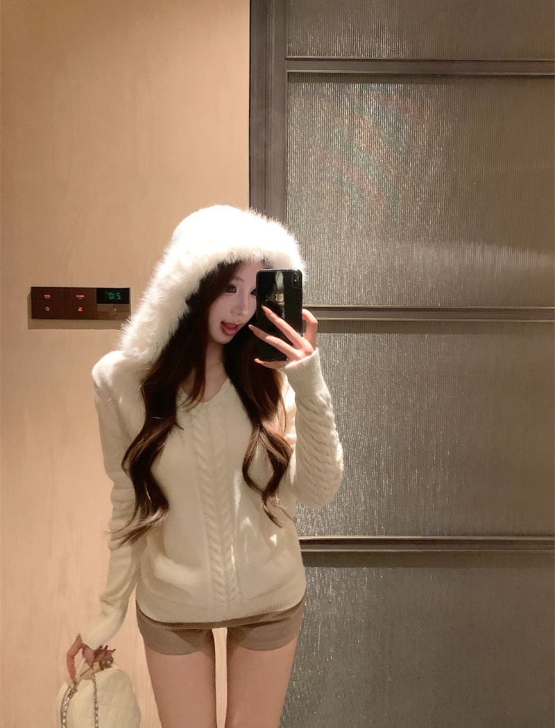 Removable twist tops fox fur hooded sweater for women