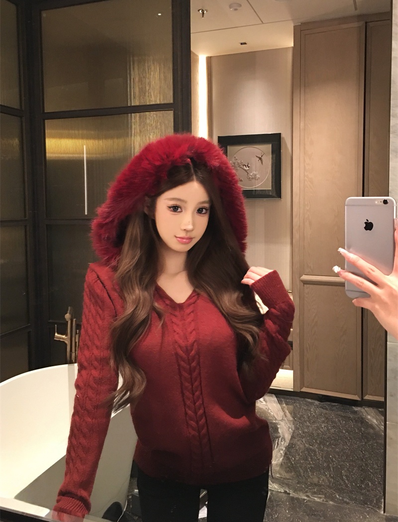 Removable twist tops fox fur hooded sweater for women